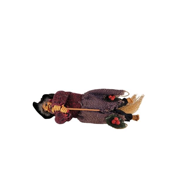 Vintage Witch Doll 9" Handmade Fabric & Resin Broomstick Hanging Decor Halloween - Picture 13 of 16